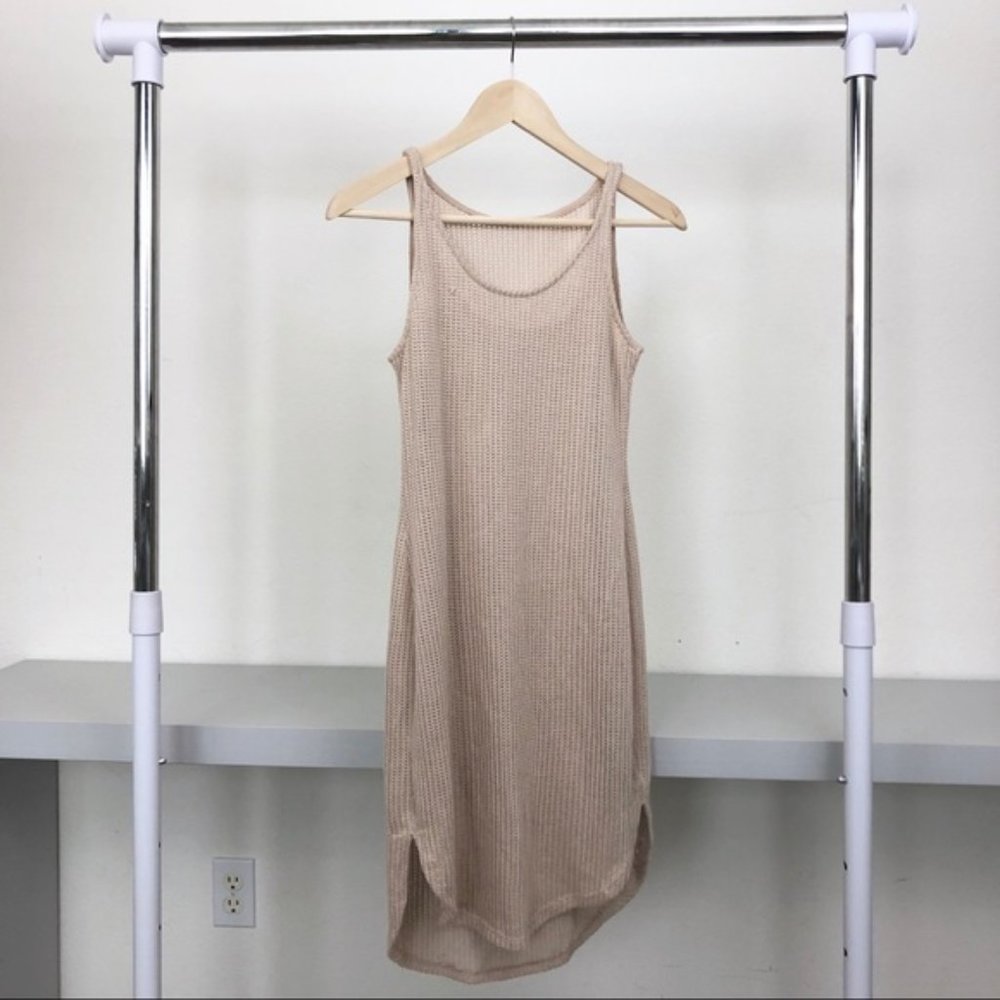 Sleeveless Ribbed Midi Dress in Beige